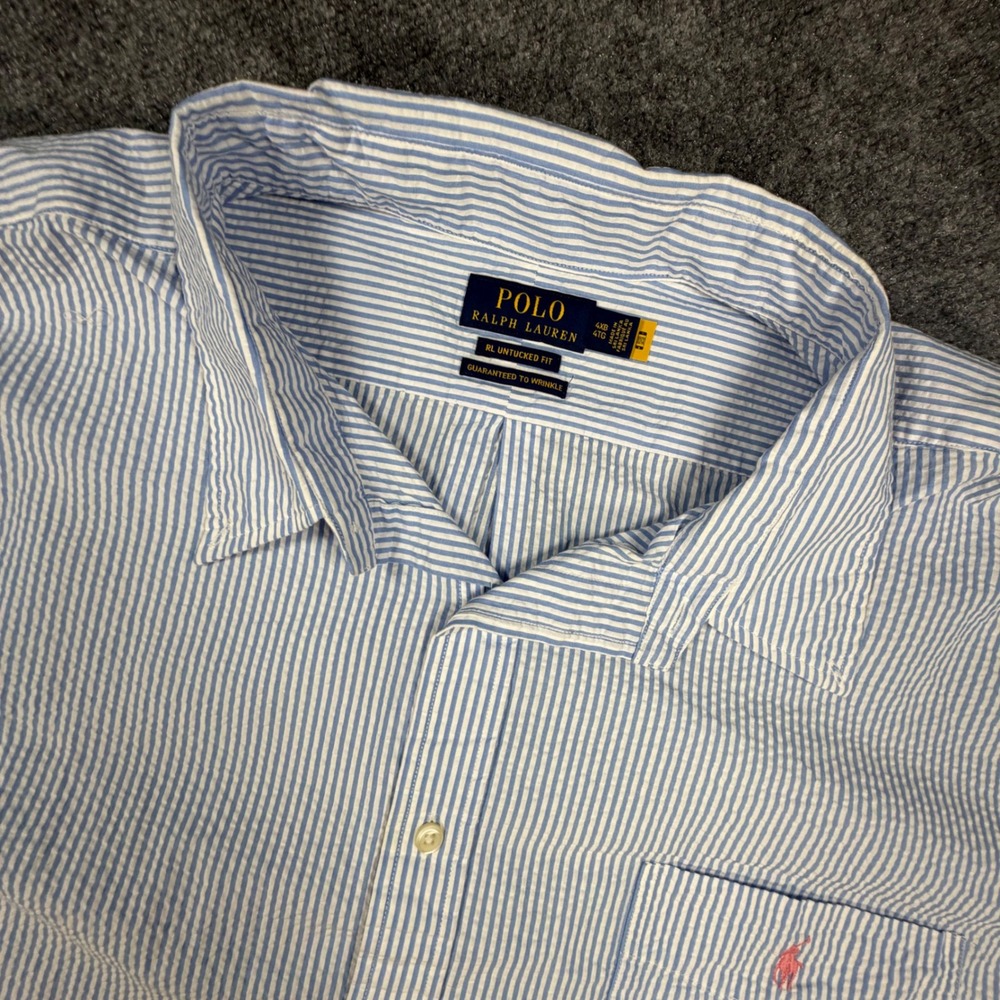 Polo Ralph Lauren‎ Seersucker Shirt Mens 4XB Blue White Stripe Untucked Fit 0608